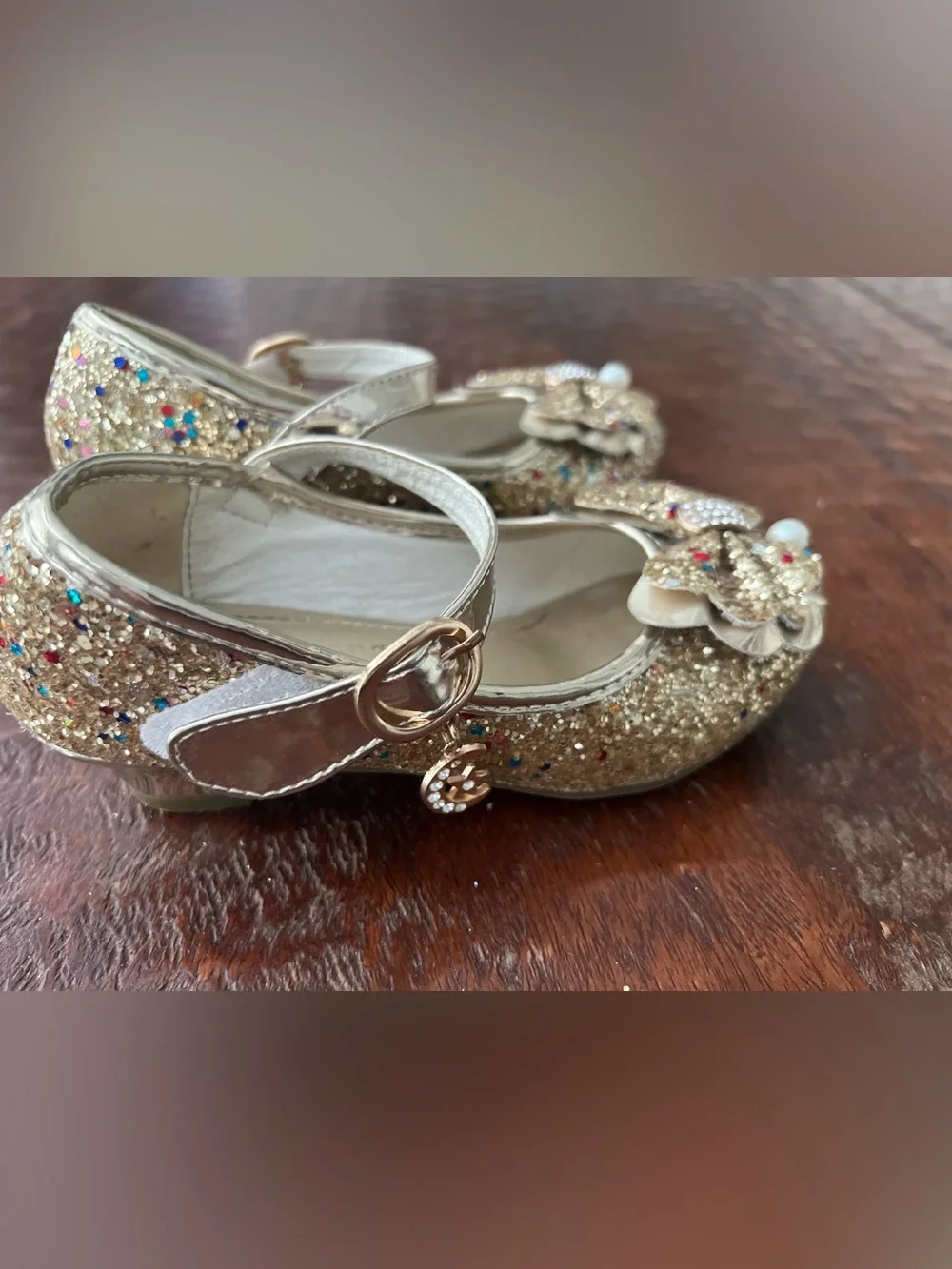 Kids Glitter Bow Mary Jane Shoes in Gold Size 13